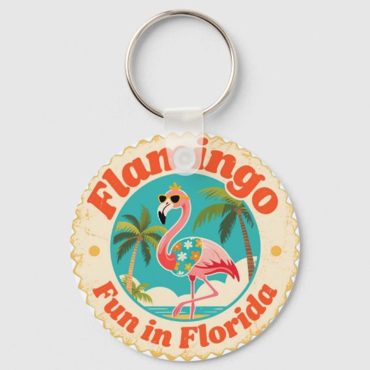 Vintage Flamingo Pret in Florida Strand Sleutelhanger (Voorkant)