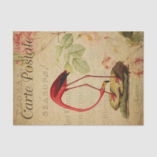 Vintage Flamingo Rozen Franse ephemera ontkoppelin Tissuepapier (Voorkant)
