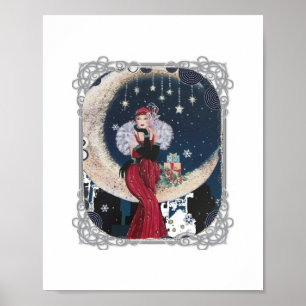 Vintage Flapper Woman on Crescent Moon Poster