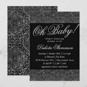 Vintage Fleur de Lis   Black Damask Oh Baby shower Kaart