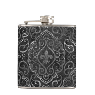 Vintage Fleur de Lis  Black Silver Grunge Damask Heupfles
