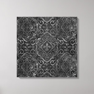 Vintage Fleur de Lis   Zwarte Silver Grunge Damask Canvas Afdruk