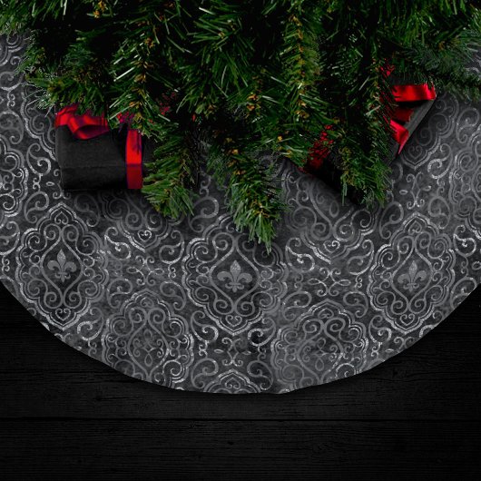 Vintage Fleur de Lis | Zwarte Silver Grunge Damask Kerstboom Rok