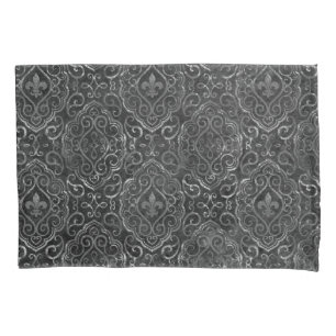 Vintage Fleur de Lis Zwarte Silver Grunge Damask Kussensloop