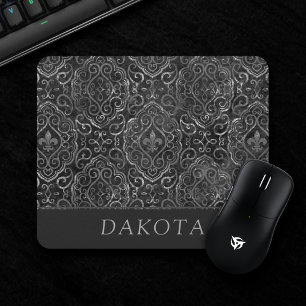 Vintage Fleur de Lis   Zwarte Silver Grunge Damask Muismat