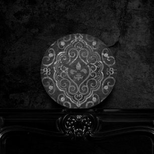 Vintage Fleur de Lis   Zwarte Silver Grunge Damask Ronde Klok