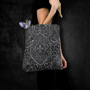 Vintage Fleur de Lis   Zwarte Silver Grunge Damask Tote Bag