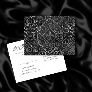 Vintage Fleur de Lis   Zwarte Silver Grunge Damask Uitnodiging Briefkaart