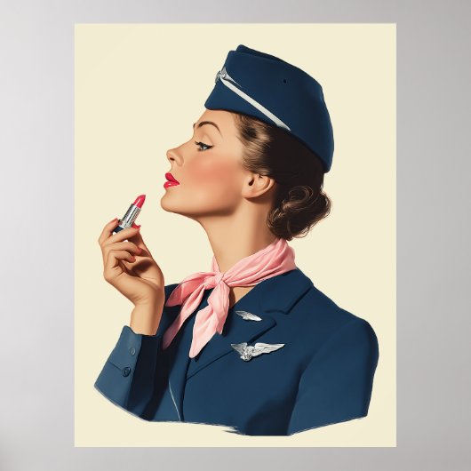 Vintage Flight Attendant Applying Lipstick Poster (Voorkant)