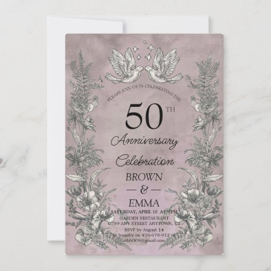 Vintage Floral 50th Wedding Anniversary Invitation Kaart (Voorkant)
