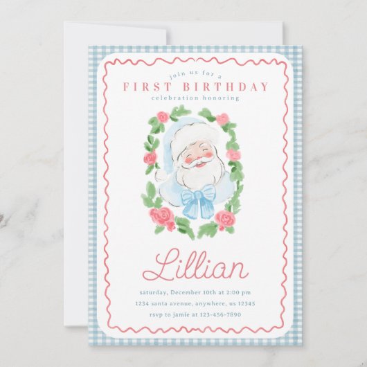 Vintage Floral and Gingham Santa Birthday Kaart (Voorkant)