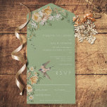 Vintage Floral & Bird Sage Green No Dinner All In One Uitnodiging<br><div class="desc">BESCHIKBAAR MET OF ZONDER EEN QR-CODE OF MET OF ZONDER DINER SELECTION OPTIONS. Dit ontwerp is voorzien van een verouderde groene achtergrond met een mooie florale spray van bruin,  wit en goud. Een mooie vogel maakt de  blik compleet. Creëer door Simply Farmhouse Press.</div>