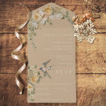 Vintage Floral & Bird Tan No Dinner All In One Uitnodiging<br><div class="desc">BESCHIKBAAR MET OF ZONDER EEN QR-CODE OF MET OF ZONDER DINER SELECTION OPTIONS. Dit ontwerp is voorzien van een verouderde bruine achtergrond met een mooie florale spray van bruin,  wit en goud. Een mooie vogel maakt de  blik compleet. Creëer door Simply Farmhouse Press.</div>