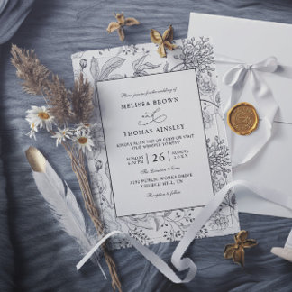 Vintage Floral Black Chic Budget QR Code Wedding Kaart