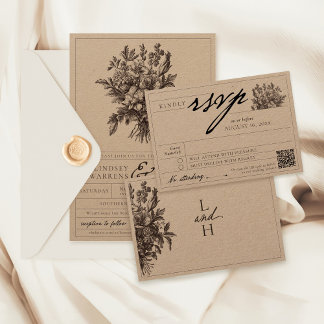 Vintage Floral Boho Rustic Kraft Formal Wedding RSVP Kaartje