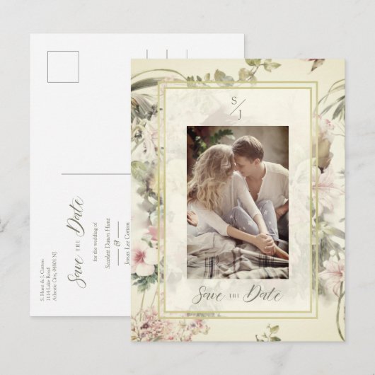 Vintage Floral Botanical Custom Photo Wedding Aankondigingskaart (Voorkant / Achterkant)