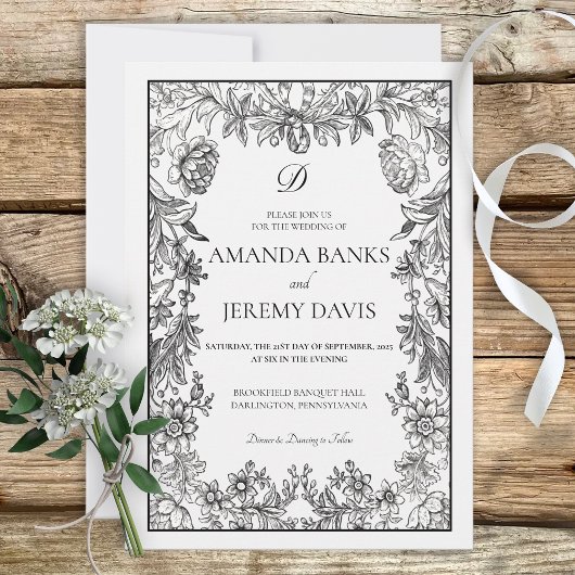 Vintage-Floral-bruiloft in zwart-wit Kaart