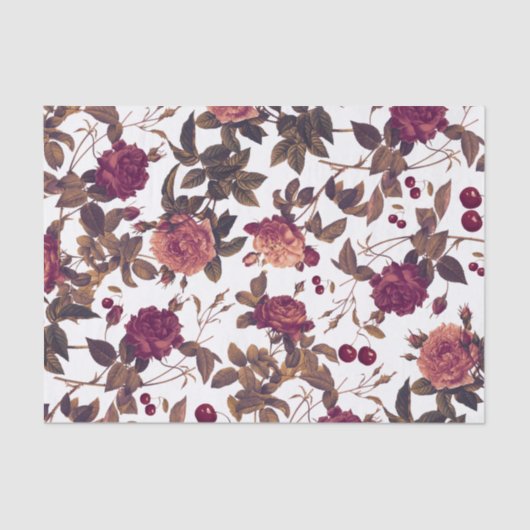 Vintage Floral Burgundy Roos Cherry Tissuepapier (Voorkant)
