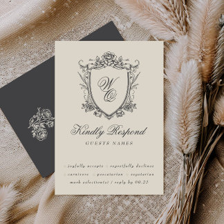 Vintage Floral Crest Beige Charcoal Monogram RSVP Kaartje