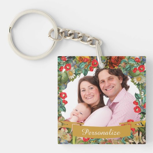 Vintage Floral Custom Photo Personalised Sleutelhanger (voorkant)