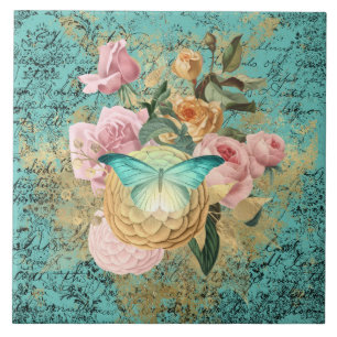 Vintage Floral en Butterfly Bouquet Tegeltje