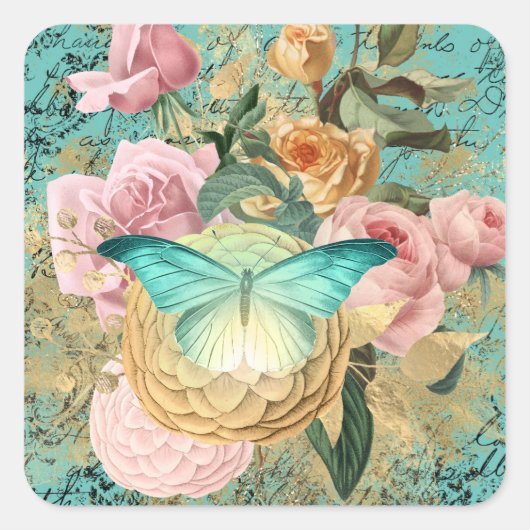Vintage Floral en Butterfly Bouquet Vierkante Sticker (Voorkant)