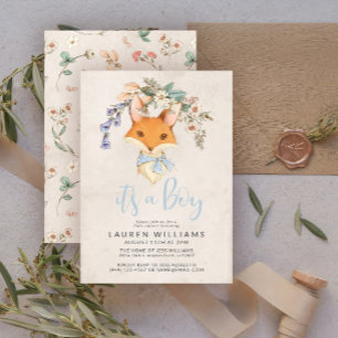 Vintage Floral Fox Boy Baby shower Kaart