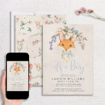 Vintage Floral Fox Boy Baby shower Kaart<br><div class="desc">Welkom vrienden en familie om mee te doen aan dit speciale moment met deze feestelijke , op bloemen gerichte baby shower-uitnodiging! Met een schattig jongetvos onder een klassieke florale hoest en "het is een jongen" in blauw, is het zeker om het hart van je gasten vast te leggen. De achterkant...</div>