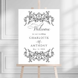 Vintage Floral Frame Black & White Wedding Welcome Poster