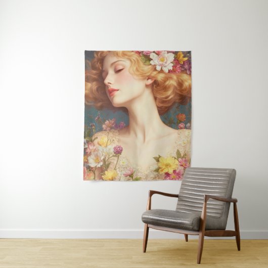 Vintage Floral Goddess Portrait Wandkleed (In situ)