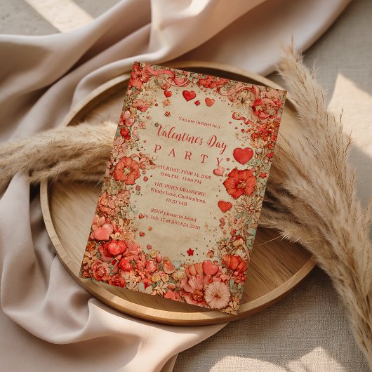 Vintage Floral Hearts Valentine Party Kaart