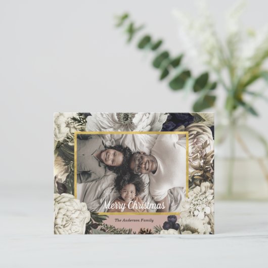 Vintage Floral kerstfoto briefkaart (Staand voorkant)