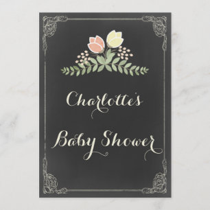 Vintage Floral Laurels Chalkboard Baby shower Kaart