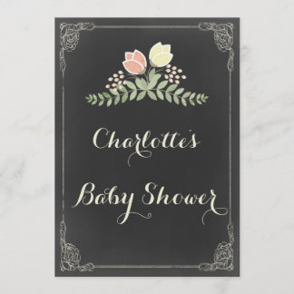 Vintage Floral Laurels Chalkboard Baby shower Kaart