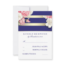 Vintage Floral Navy and Gold Wedding RSVP