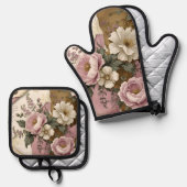 Vintage Floral - Oven Mitt & Pot Holder Set  (Voorkant / Achterkant)