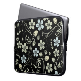 Vintage Floral Pattern with Ladybugs on Black Laptop Sleeve