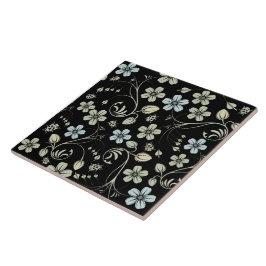 Vintage Floral Pattern with Ladybugs on Black Tegeltje
