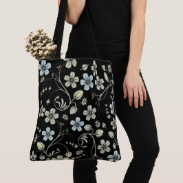 Vintage Floral Pattern with Ladybugs on Black Tote Bag