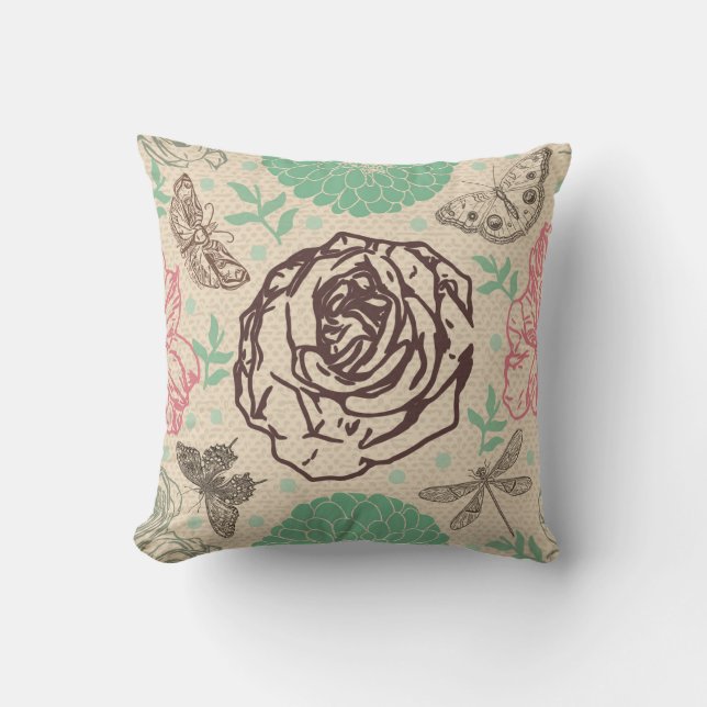 Vintage Floral Roos Garden Kussen (Voorkant)