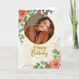 Vintage  Floral Script Circle Photo Birthday Kaart