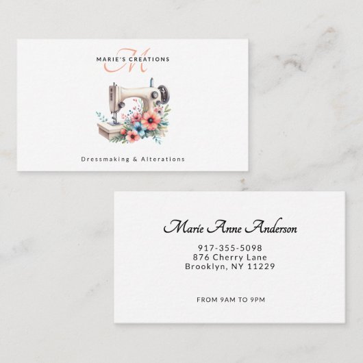 Vintage Floral Sewing Machine Monogrammed Visitekaartje (Voorkant / Achterkant)