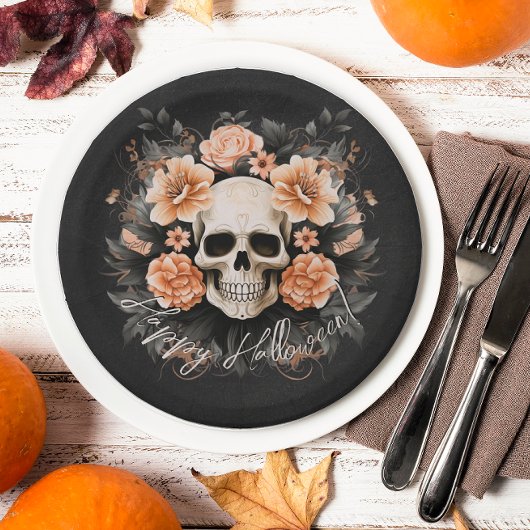 Vintage Floral Skull Halloween Papieren Bordje
