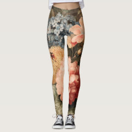 Vintage Floral Still Life with Red and White Bloom Leggings