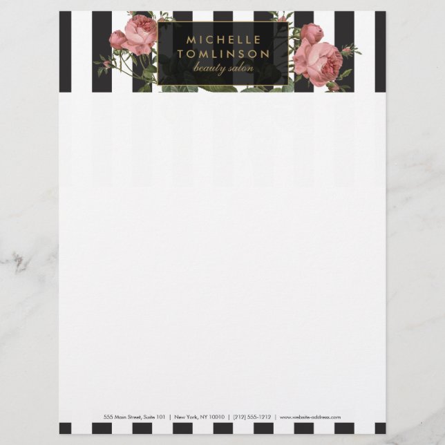 Vintage Floral Striped Salon Letterhead Persoonlijk Briefhoofd (Voorkant)