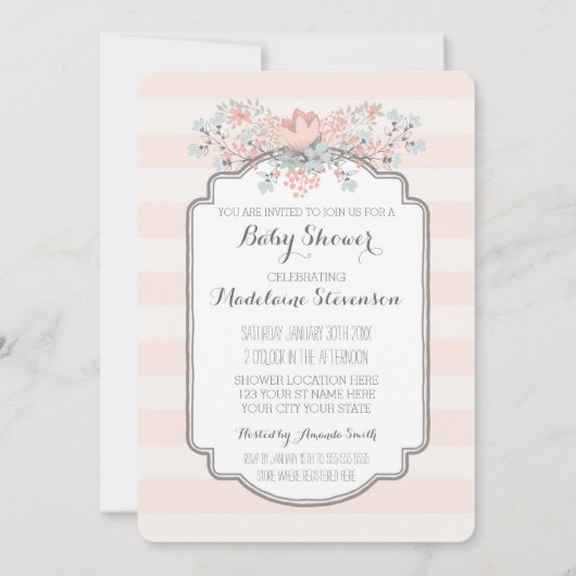 Vintage Floral Stripes Baby Shower-uitnodigingen Kaart (Achterkant)