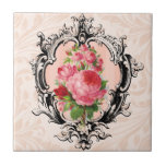 Vintage Floral Tile Tegeltje<br><div class="desc">Sierlijk gegraveerde rand,  roze rozen en bleke perzik damast achtergrond.</div>