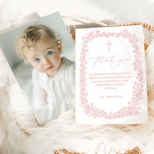Vintage Floral Toile Baptism Girl Bedankkaart