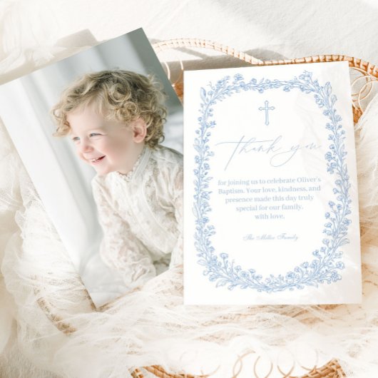 Vintage Floral Toile Light Blue Baptism Bedankkaart
