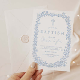 Vintage Floral Toile Light Blue Baptism Kaart